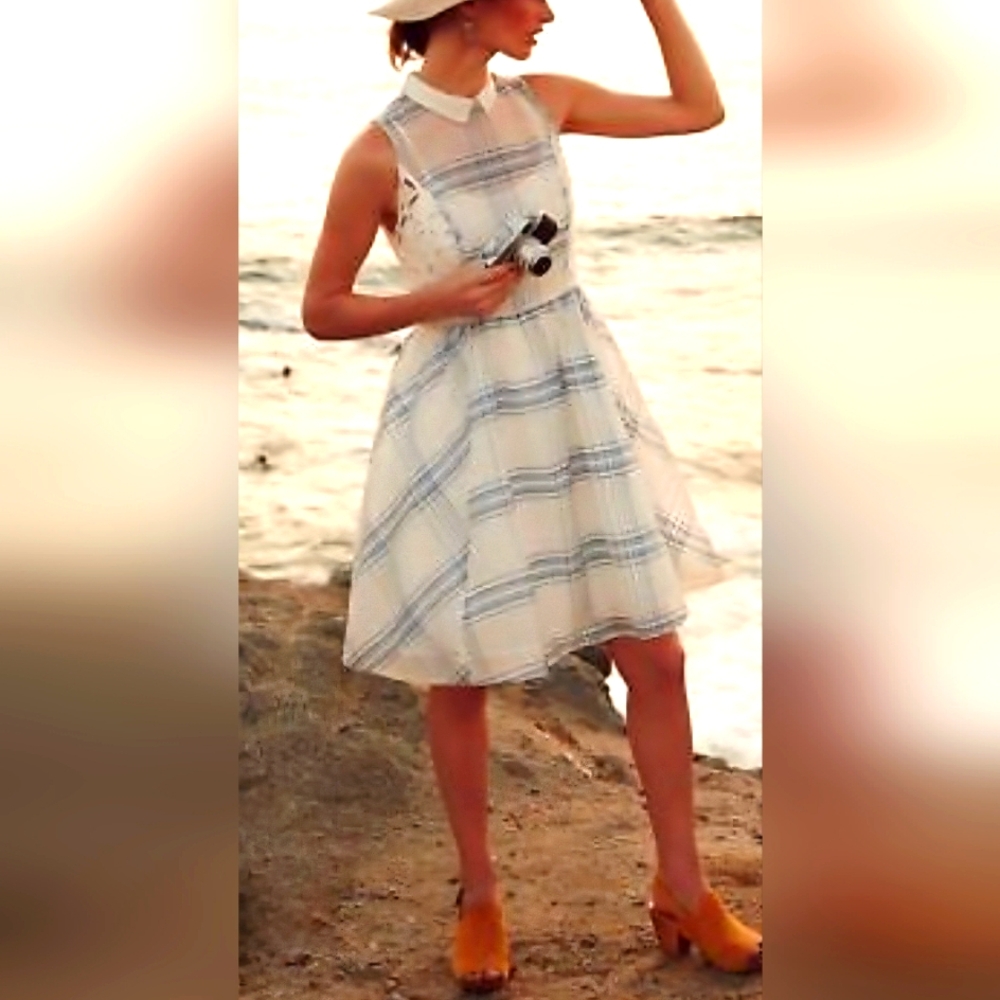Anthropologie Cream Dress with Blue Stripe High-Low Hem